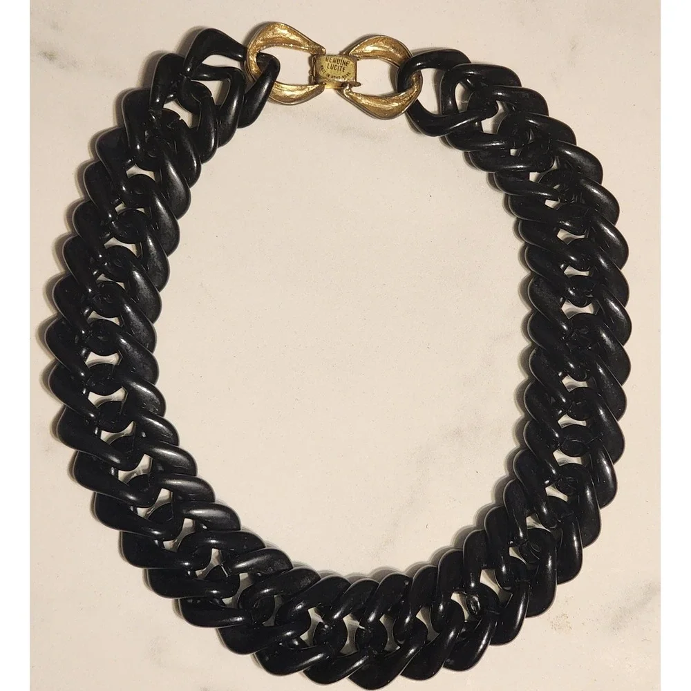 Vintage Genuine Black Lucite Chunky Curb Link Necklace Made In Hong Kong